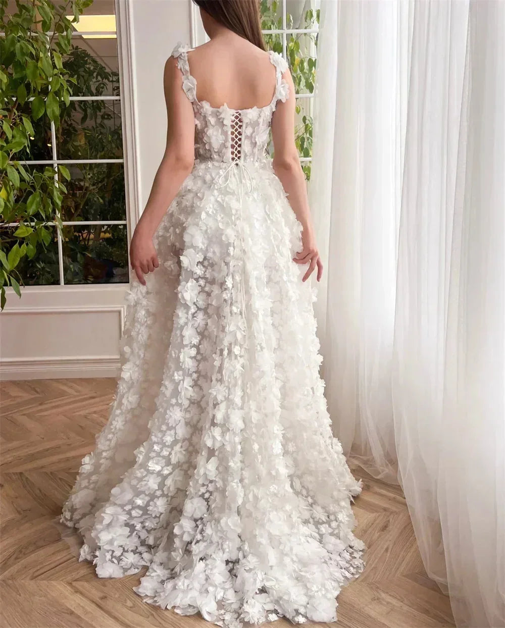 Kyoto Beige Wedding Dress | 3D Flower Lace-Up Back Gown -femstylo