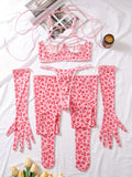 Cute Pink Leopard Print Bra Brief Set Women Hollow Out Lace Up Bandage Cross Underwire Garters Thongs Glove Costume Intimate Set