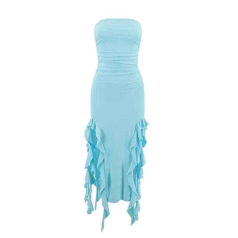 BWQ Long Dresses For Women Slit Sexy Bodycon Sleeveless Jellyfish Dress Hot Girls Fashion Off The Shoulders Maxi Dress Woman
