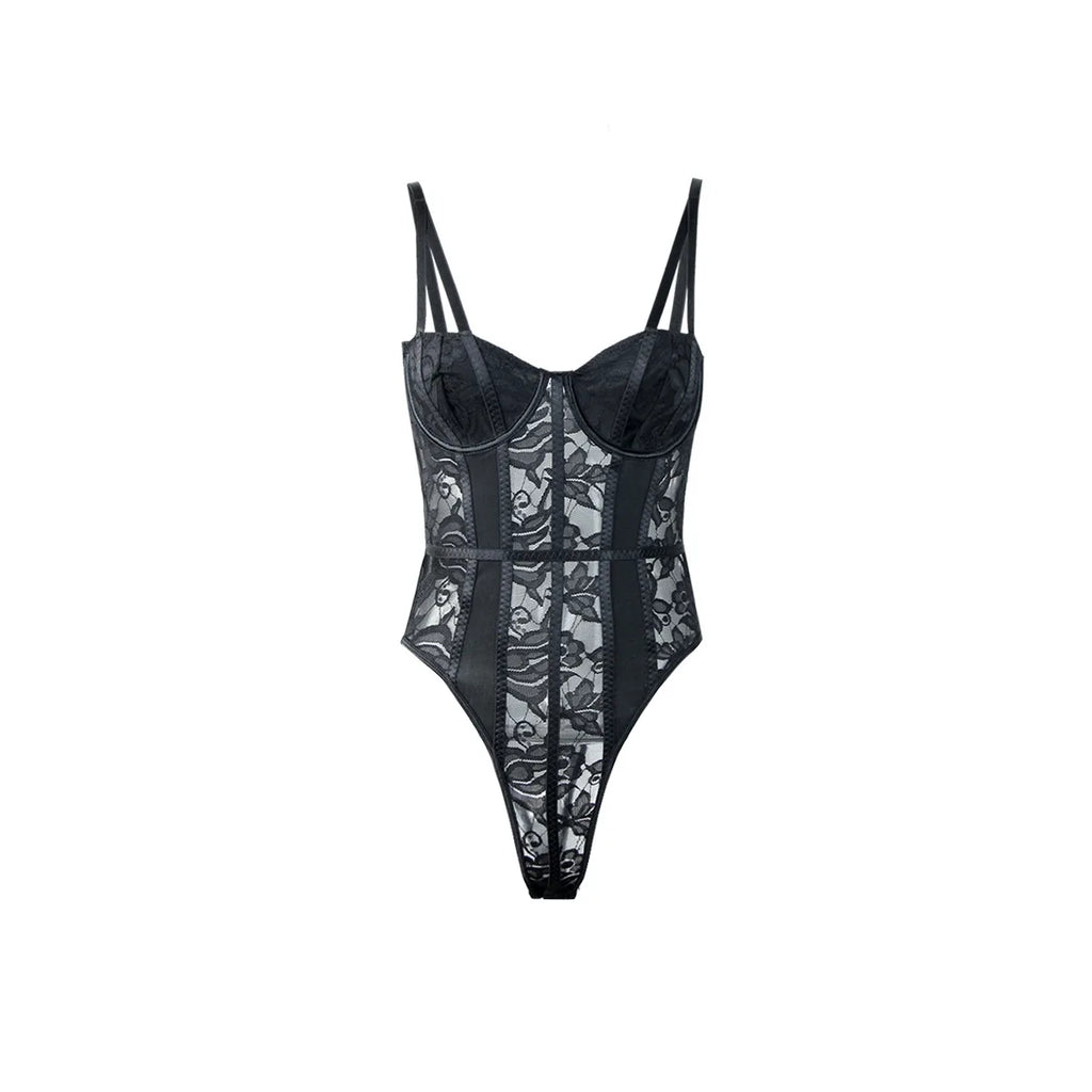 Lace Bodysuit for Women Sexy Bodies Elegant Women's Top 2025 Autumn New Solid Bodycon Ribbed Bodysuits