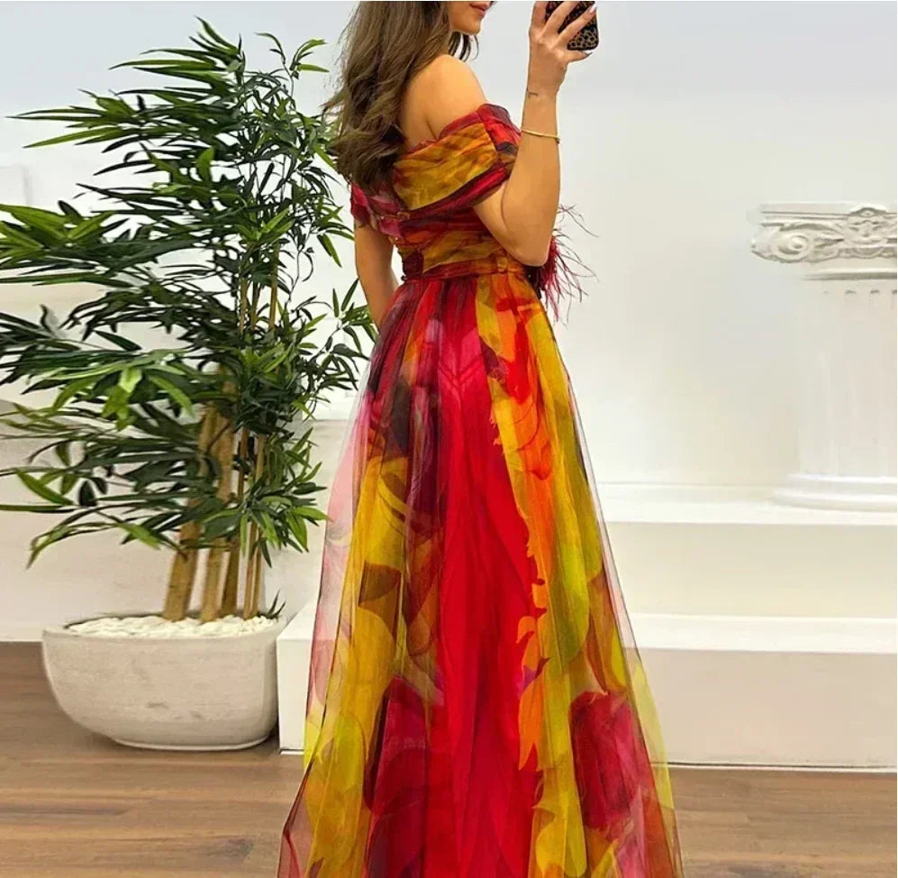 Women 2025 Pattern High Waist Party Dress Sexy Slit Mesh Cocktail Gala Dress Fashion One Shoulder Female Pleated Evening Dress