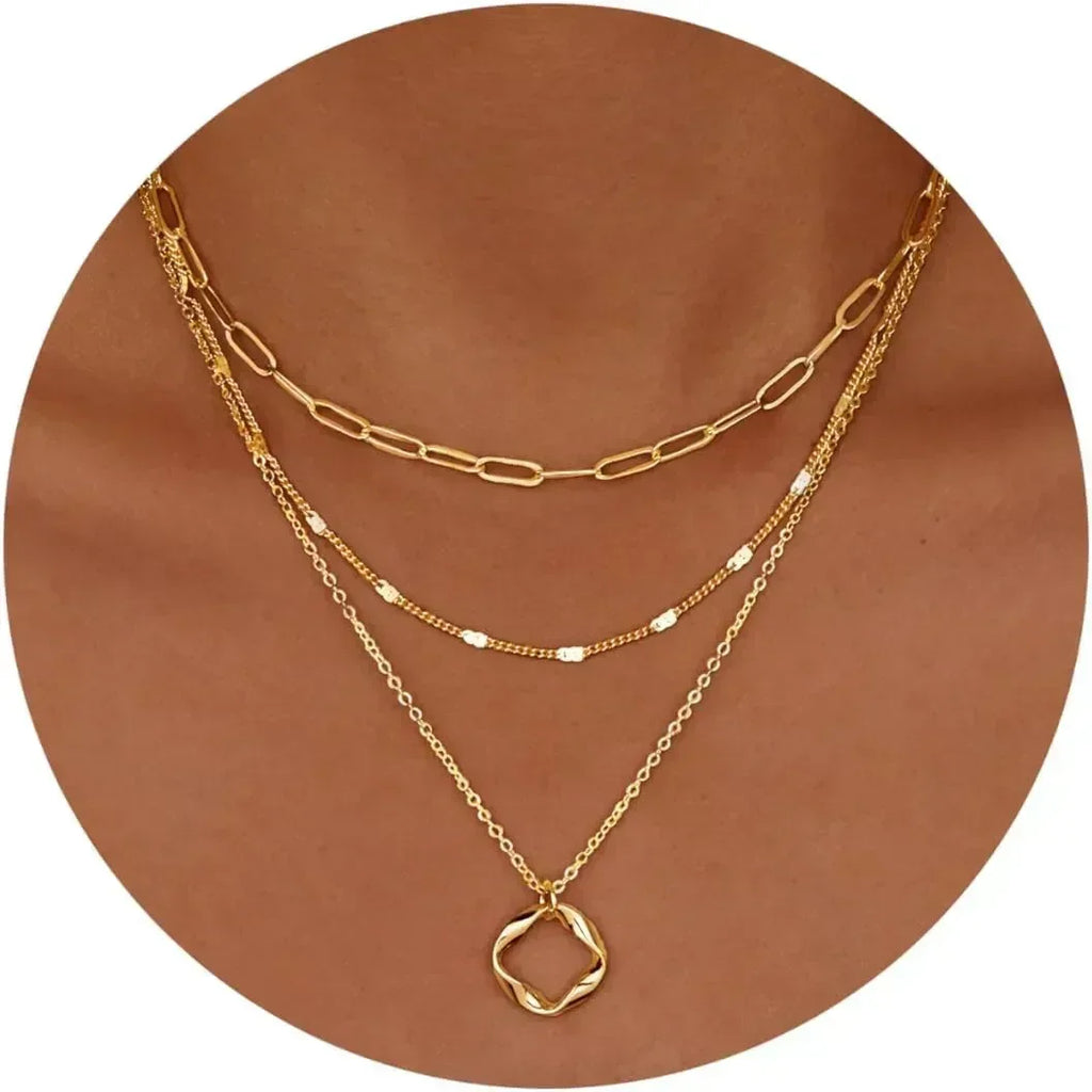Layered Gold Necklaces for Women Stackable14K Gold Silver Plated Circle Paperclip Chain Pendant Choker Necklace Set For Woman
