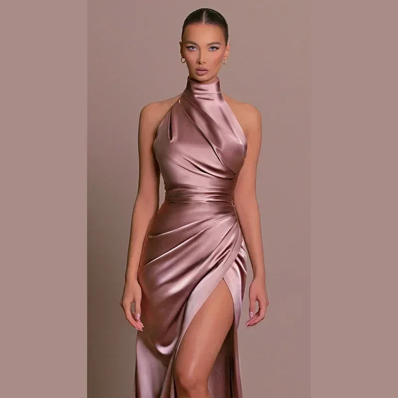 Ladies Summer Satin Evening Birthday Party Dresses Women Sleeveless Backless Halter Side Slit Elegant Long Dress Mowan Clothes