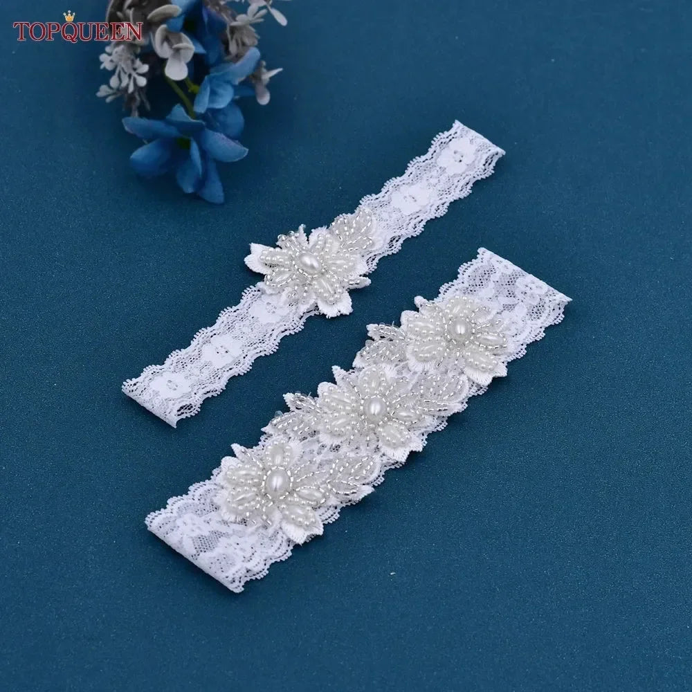 TOPQUEEN ST40 Sexy Lace Flower Thigh Ring Crystal Beaded Pearls Wedding Garter Belt  Bridal Cosplay Fashion Stocking Ring
