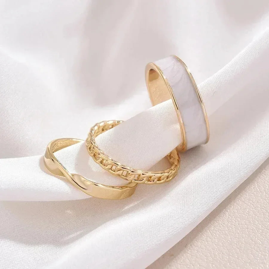 3pcs/set Adjustable Open Rings for Women White Green Enamel Oil Twists Weaving Geometry Ring Set Trendy Punk Personality Jewelry