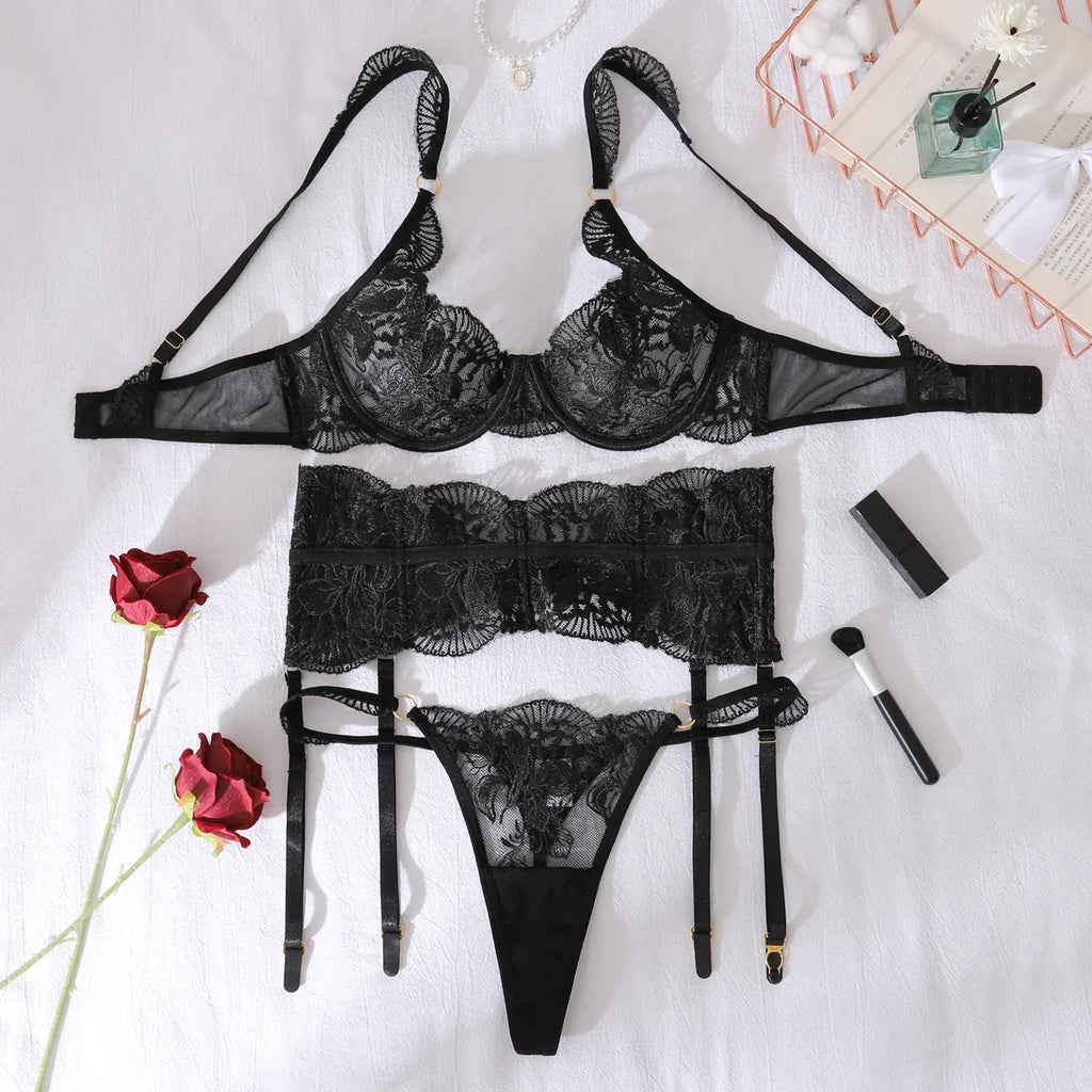 AVELINE 2025 Black Embroidered Lace Steel Hoop Gather Waist Cover Sculpting Sexy and Charming Split Set Three Piece Set