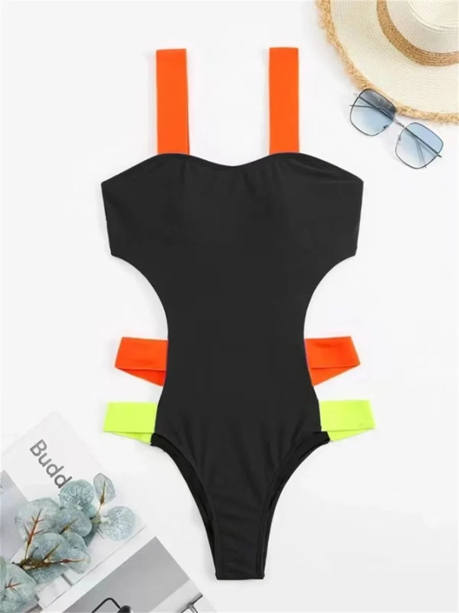 Sexy Black Contrast One Piece Swimsuit 2025 Women Neon Strap Hollow Out Backless Monokini Summer Bathing Suit Patchwork Swimwear