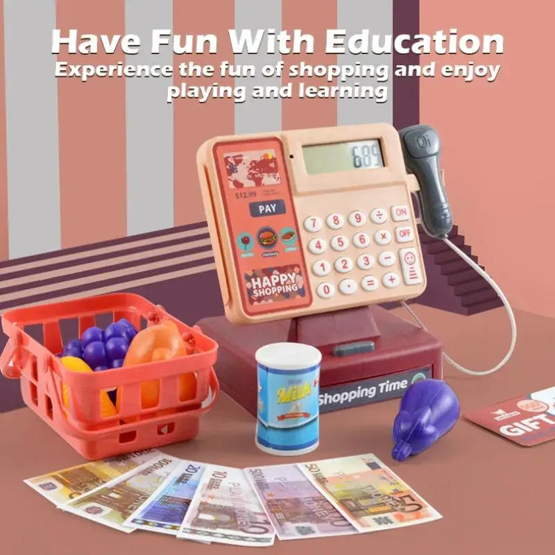 Kids Cash Register Playset with Scanner, Lights & Sounds — Pretend Supermarket Toy with Play Money & Cards