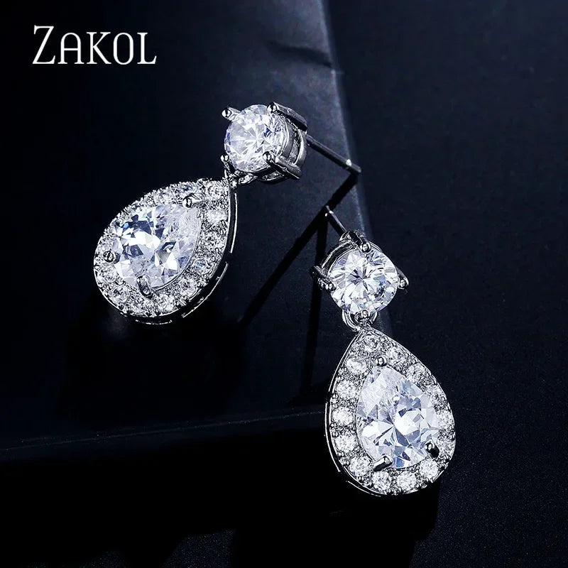 ZAKOL Classic Water Drop Cubic Zircon Bridal Dangle Earrings for Women Girl Trendy CZ Crystal Wedding Engagement Jewelry