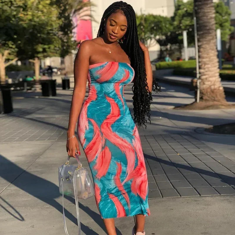 Spring And Summer Dresses For Women Chest Wrap Printed Off Shoulder Bandage Slim Sexy Long Dress 2023 New Fashion party MsChuh