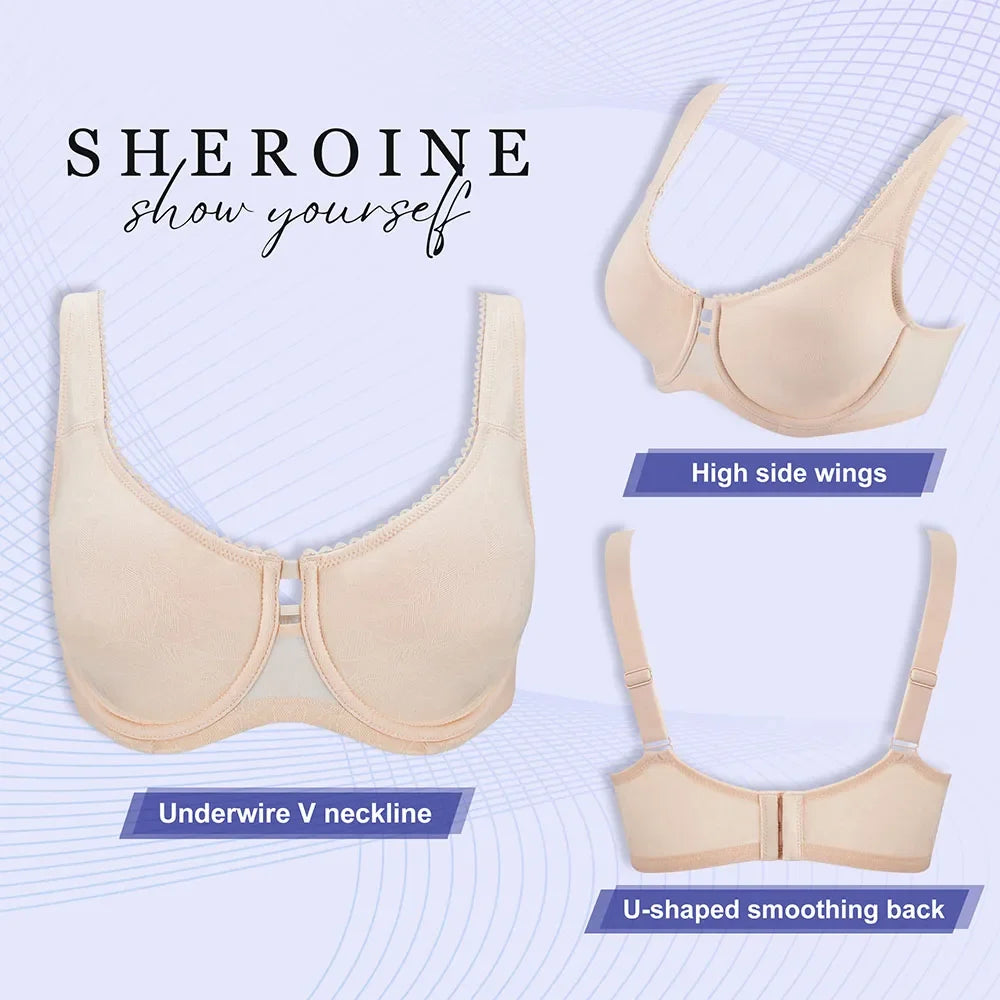 Sheroine Plus Size Underwire Bra Full Coverage Support, Comfortable Lace for Women Unpadded Large Bust Minimizer with Wide Strap