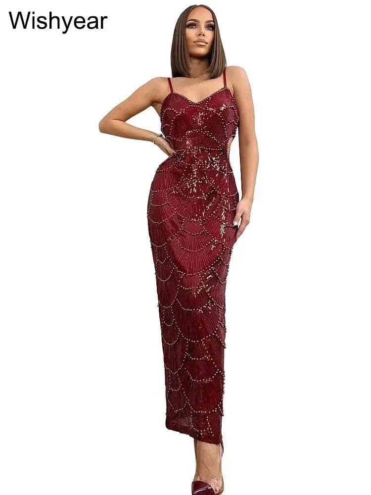 New Sequin Hollow Out Spaghetti Strap Backless Mermaid Long Dresses Women Elegant Celebrity Party Evening Wedding Bodycon Gowns
