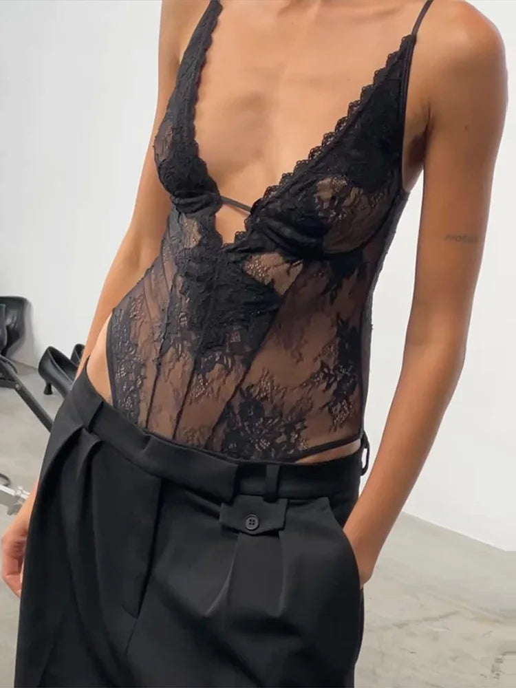 Sexy Women's Bodysuit Halter Deep V-neck Sleeveless Lace Solid Slim Female Bodysuits 2026 Summer New Fashion Party Chic Lady Top