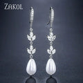 ZAKOL Fashion Round Imitation Pearls Drop Earrings for Women Shinny Zirconia Crystal Leaf Long Bridal Earring Wedding Jewelry