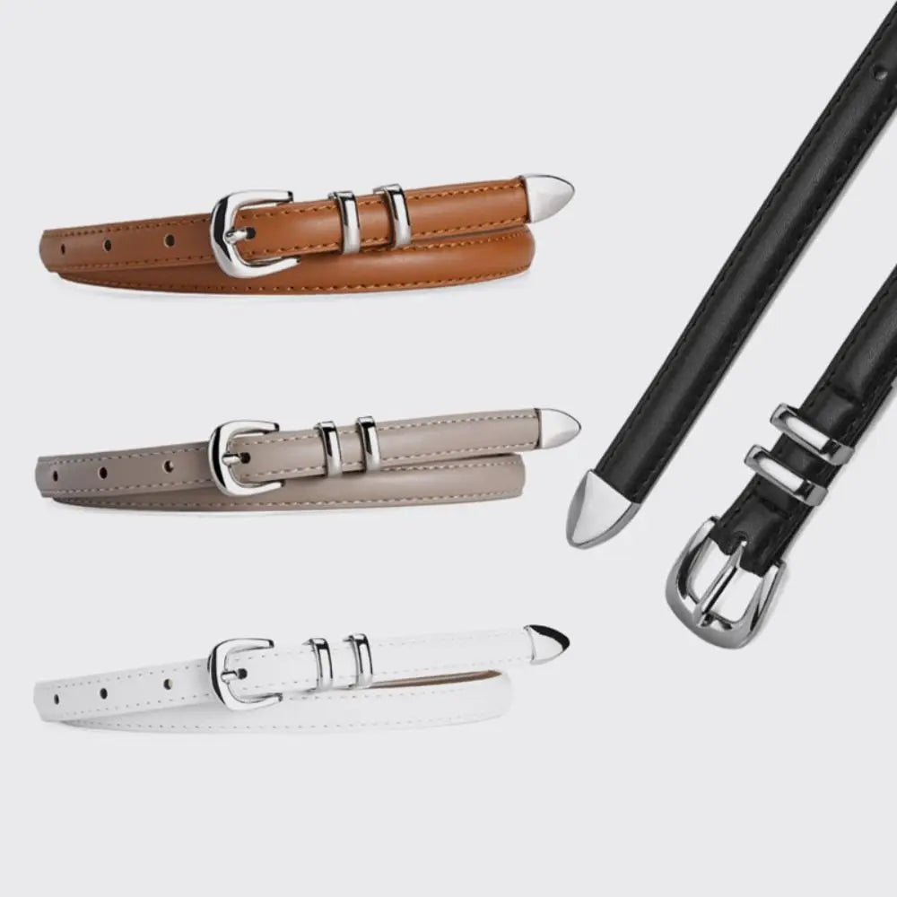 Thin PU Leather Belt with Silver Buckle