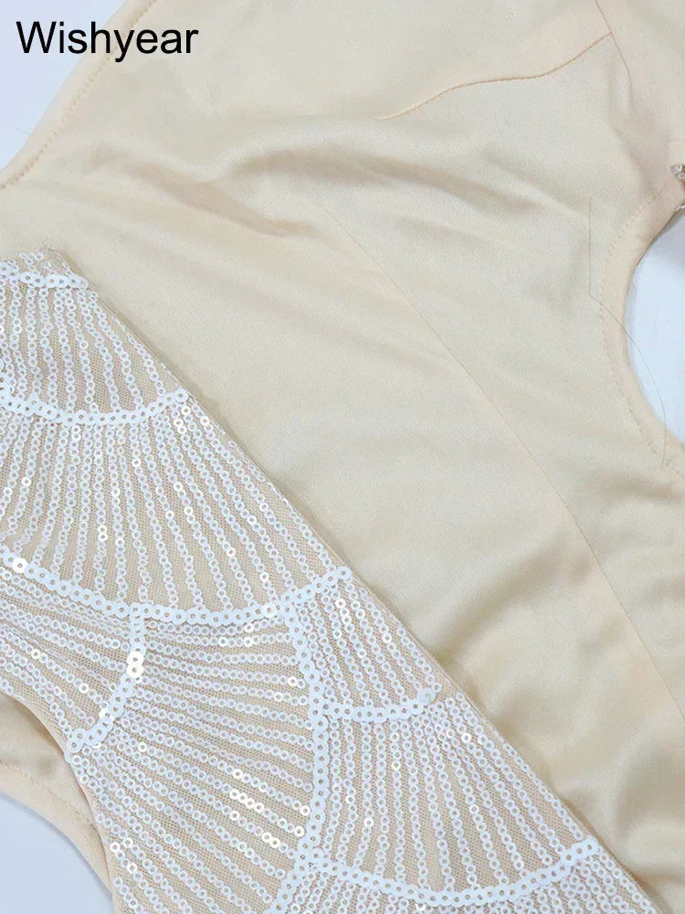 New Sequin Hollow Out Spaghetti Strap Backless Mermaid Long Dresses Women Elegant Celebrity Party Evening Wedding Bodycon Gowns