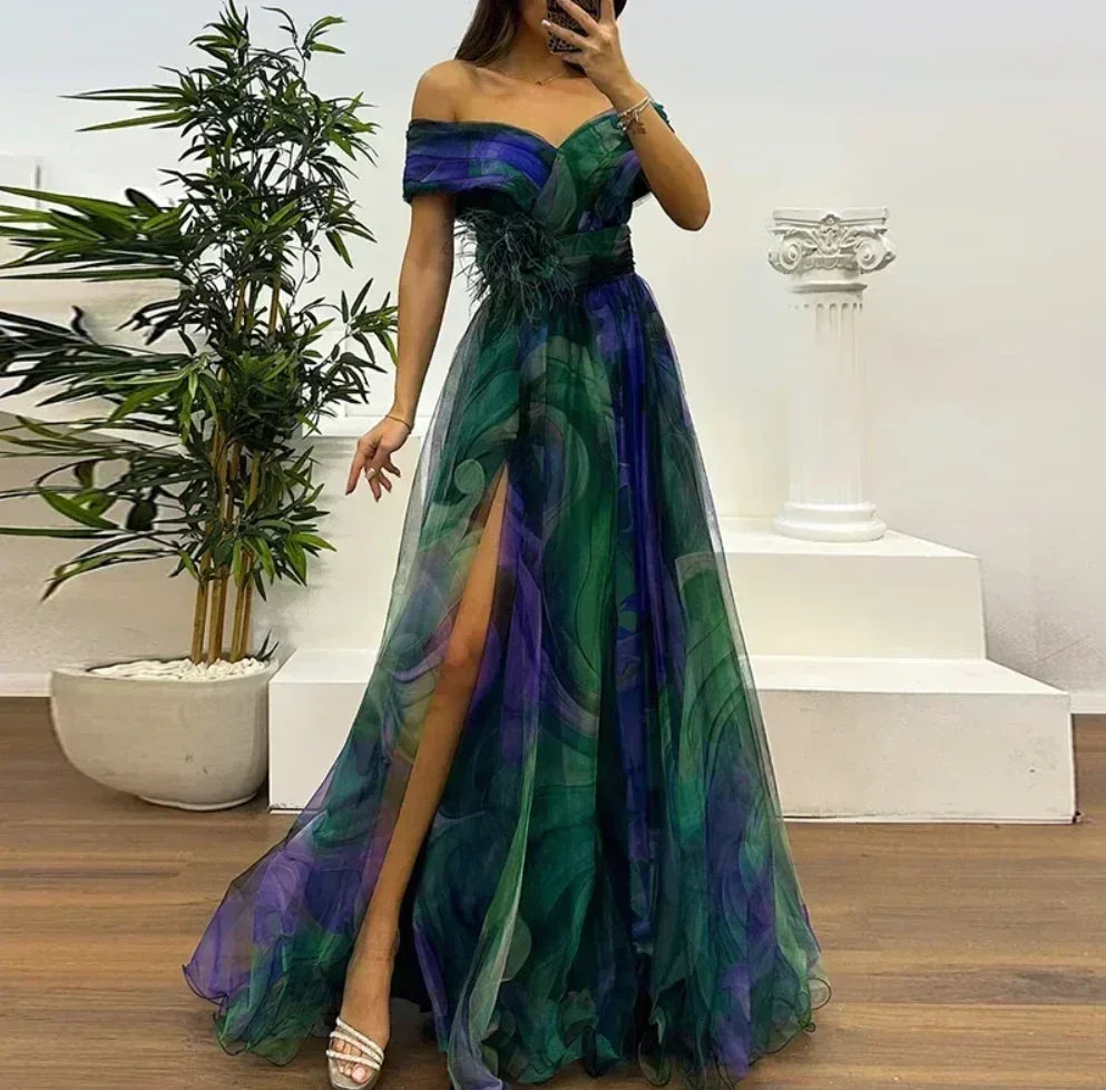 Women 2025 Pattern High Waist Party Dress Sexy Slit Mesh Cocktail Gala Dress Fashion One Shoulder Female Pleated Evening Dress