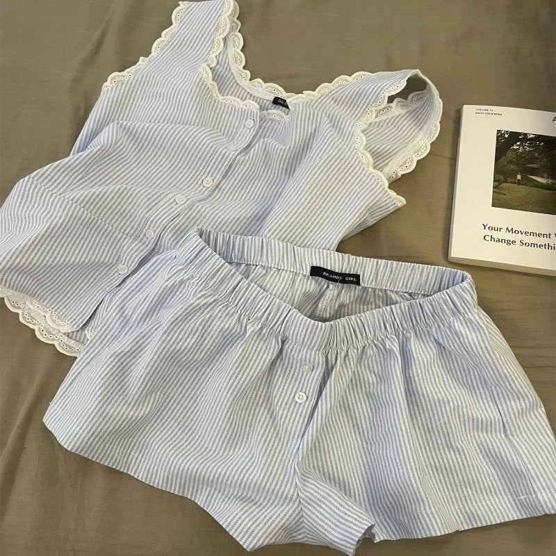 Striped Women Pajamas Summer Sleepwear Sleeveless Shorts Sets 2 Pieces Lace Night Wears Tank Korean Sleeping Home Suit 2025 New