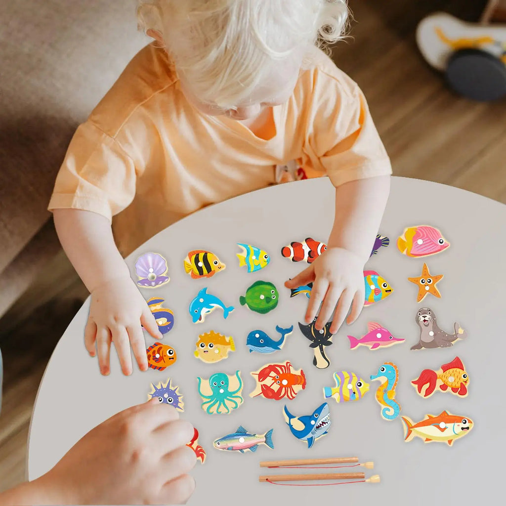 Wooden Magnetic Fishing Game for Kids - Montessori Educational Toy, 30-Piece Set