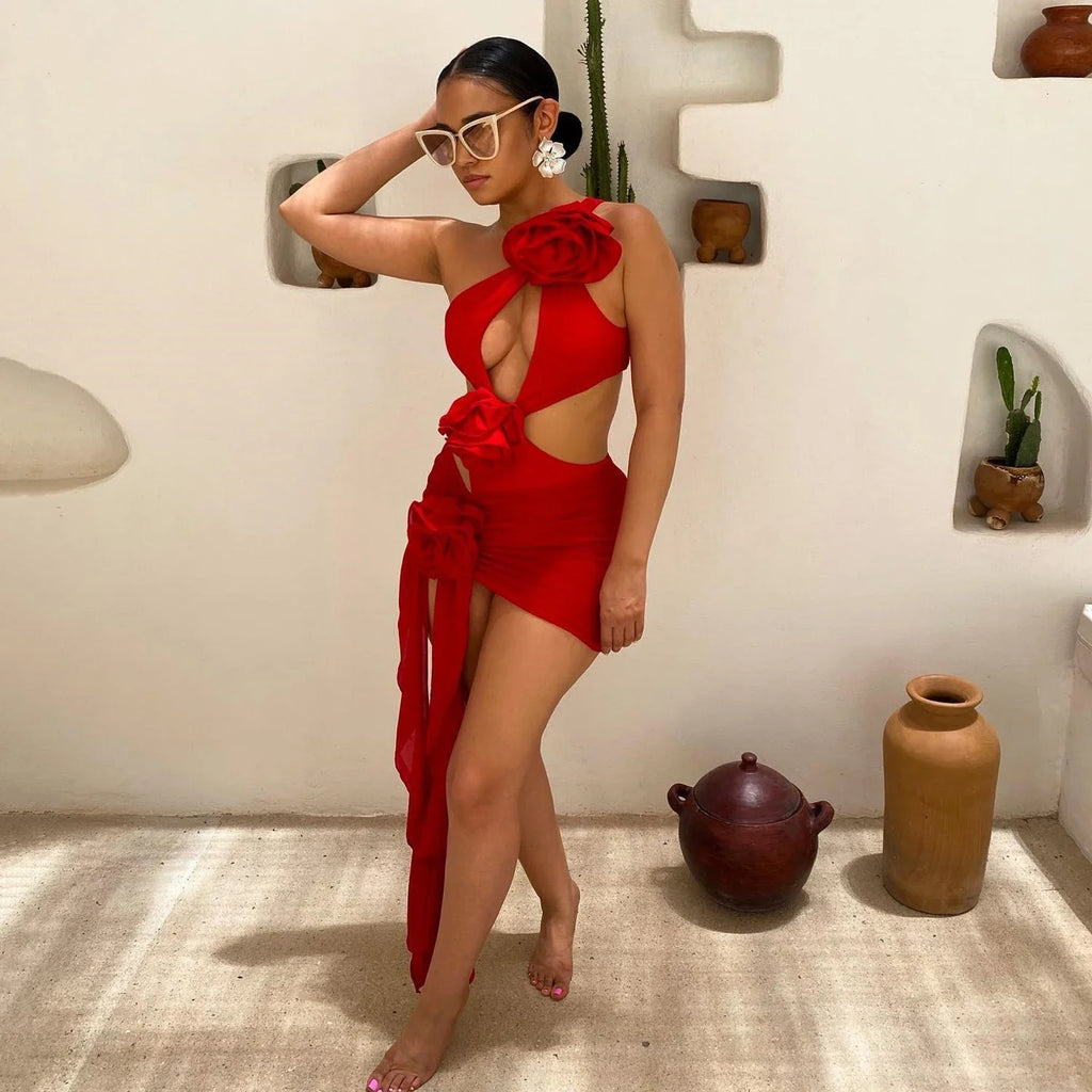 2026 Red Flower Swimsuit With Cover Up Desire Swim Suit Luxury Women Swimwear Sexy Hollow Bikini Beachwear Bodysuit Bathingsuit
