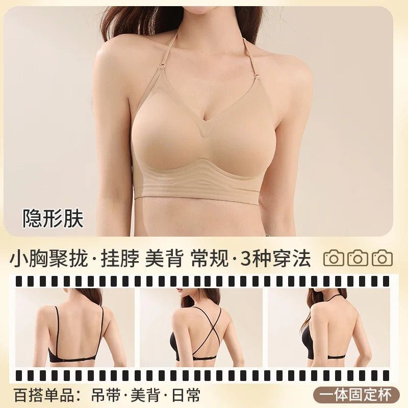 American Style Backless Bra Or Women Multiway Halter Bralette Push Up Small Chest Gather Sexy Cross U Back No Underwire Seamless