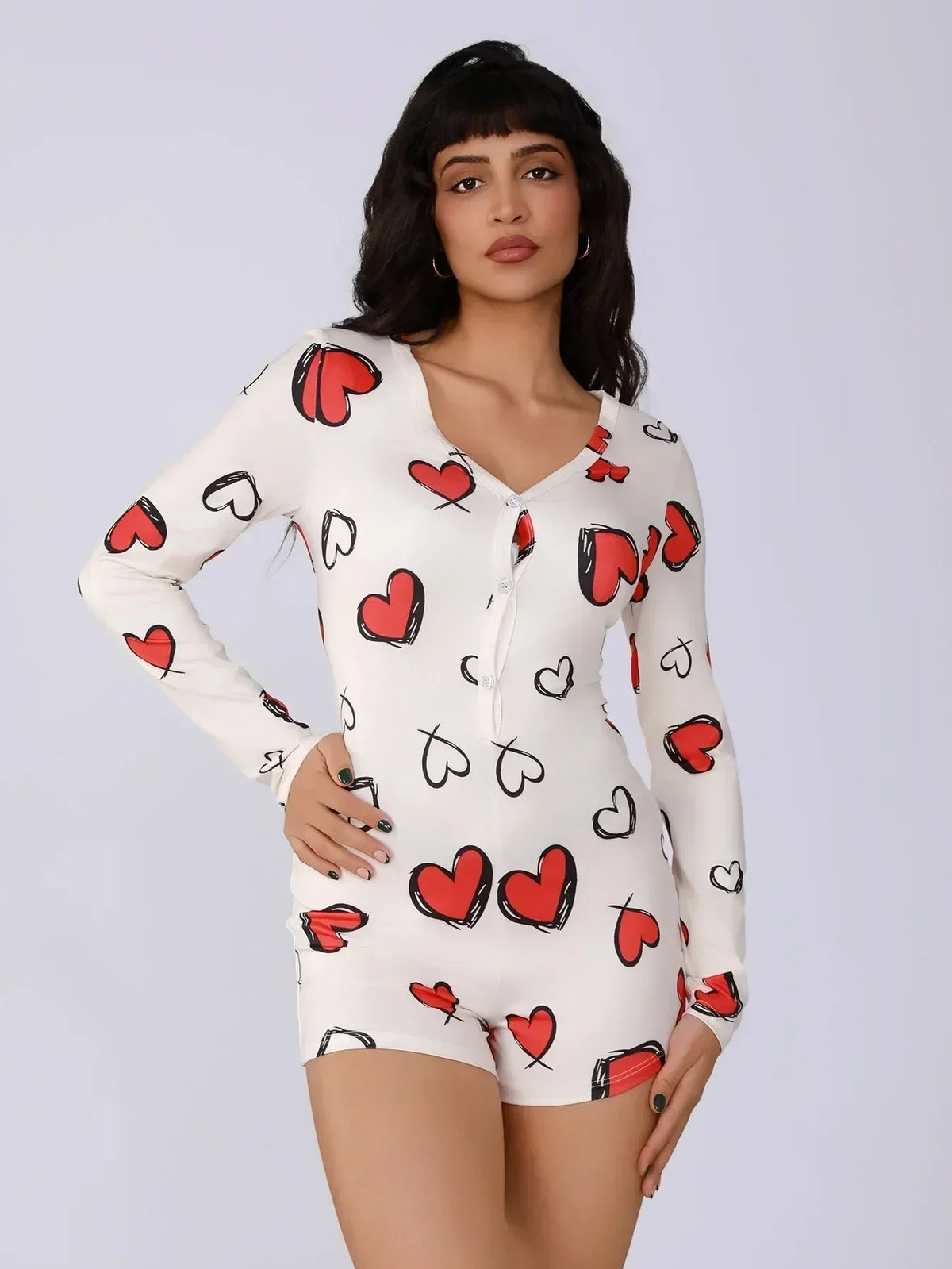 Ladies one-piece bodysuit sexy hot girl pajamas heart digital print short-sleeved set shorts home wear