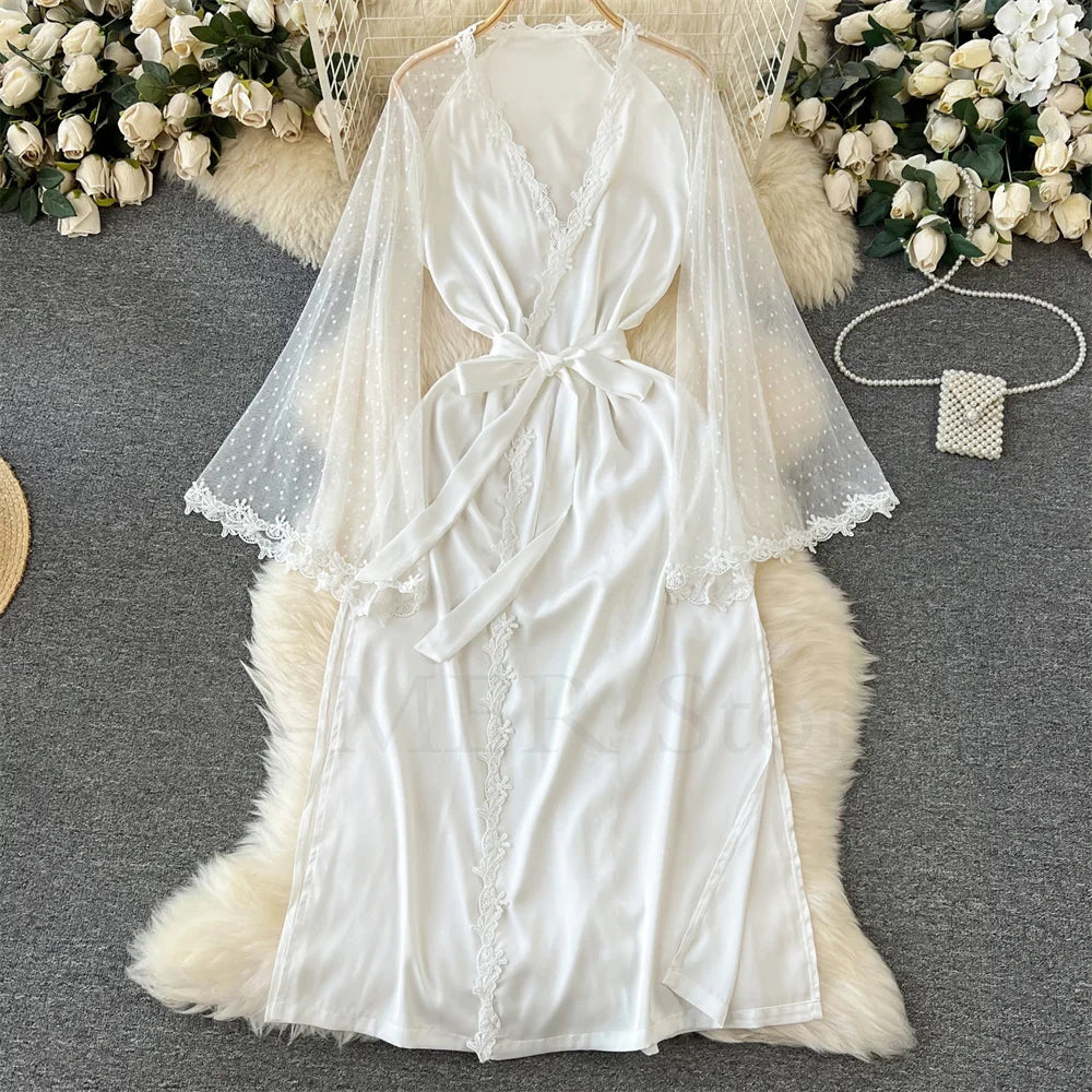 Sexy Embroider Edge Lady Kimono Bathrobe Dress Gown Mesh Sleeve Wedding Long Robe Sleepwear Loose Silk Satin Nightwear Lingerie