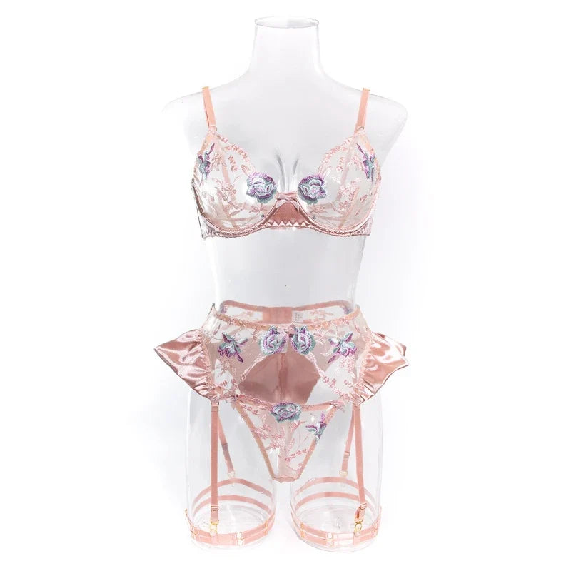 Sensual Women Lingerie Fancy Floral Sheen Silk Underwear Transparent Garter Exotic Sets Fairy Luxury Intimate Goods
