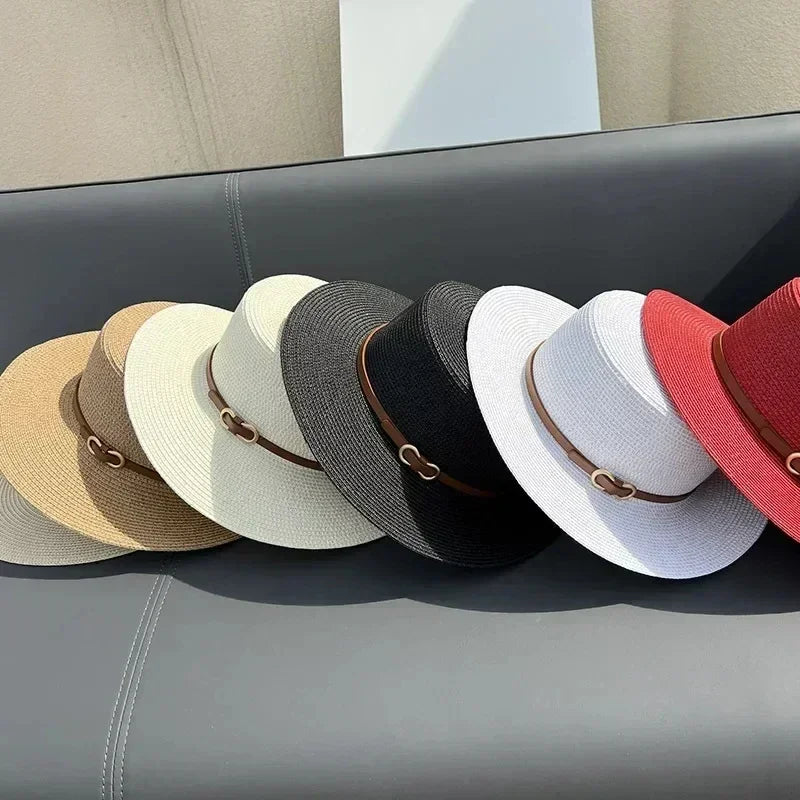 Simple Straw Summer Women Beach Hat Female Casual Panama Hat Women Flat Brim Bowknot Straw Cap Girls Sun Hat