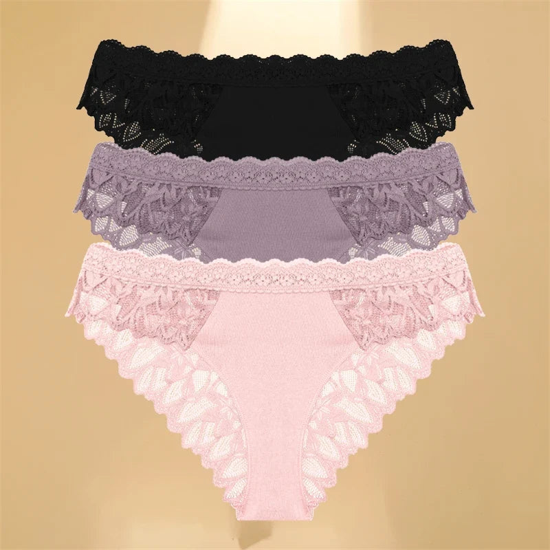 FINETOO 3Pcs Lace Hollow Out Underwear for Women Sexy Low-Waist Floral Briefs Female Invisible Breathable Lingerie Soft Intimate