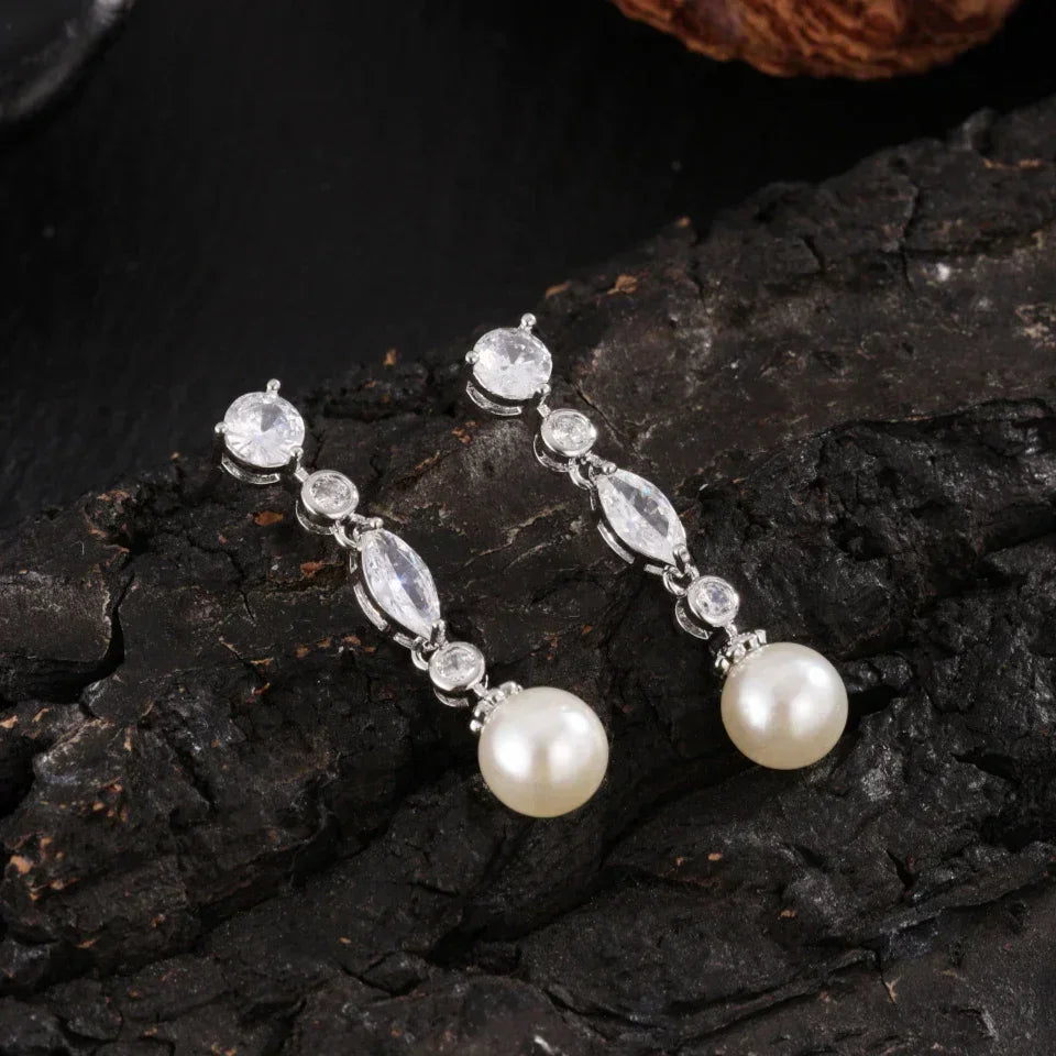 ZAKOL White Teardrop Pearl Dangle Earrings for Women Shiny Cubic Zirconia Earring Bridal Wedding Jewelry Valentine's Day Gift