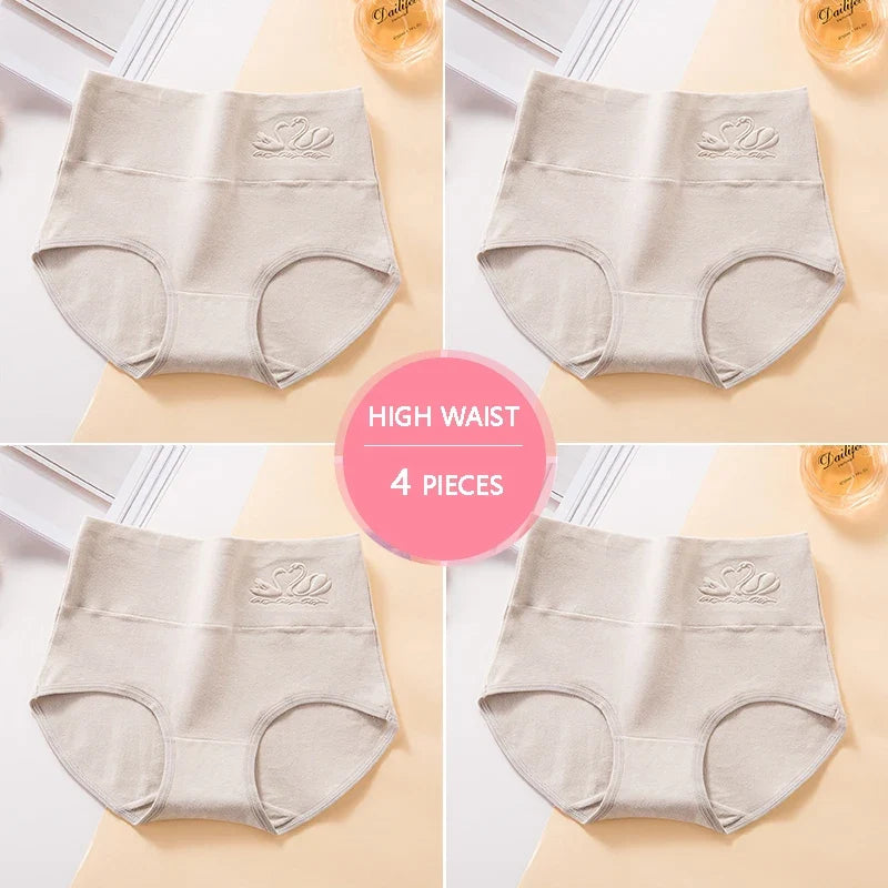 Plus Size M-5XL 4Pcs/Set High Waist Cotton Panties Women Body Shaper Underwear Soft Print Girls Briefs Slimming Female Lingerie