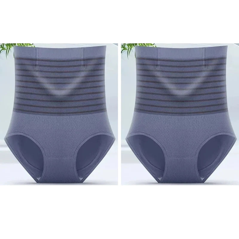 2pcs Women No Trace High Waist Shaping Briefs Body Shaper Slimming Underwear Butt Lifter Control Panties Stripe Shapewear Pants