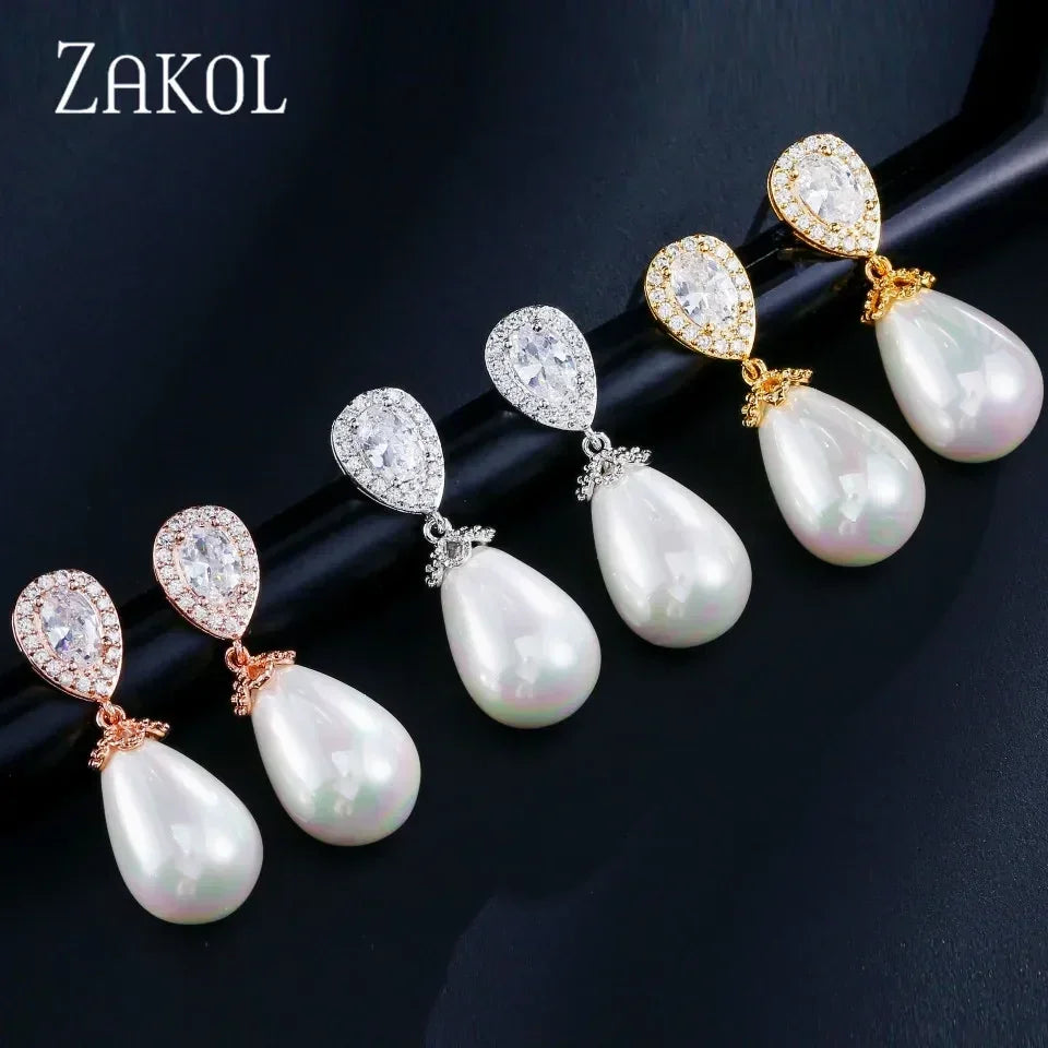 ZAKOL Stylish Teardrop Imitation Pearl Dangle Earrings Water Drop Cubic Zirconia for Women Bridal Earring Wedding Jewelry Bijoux