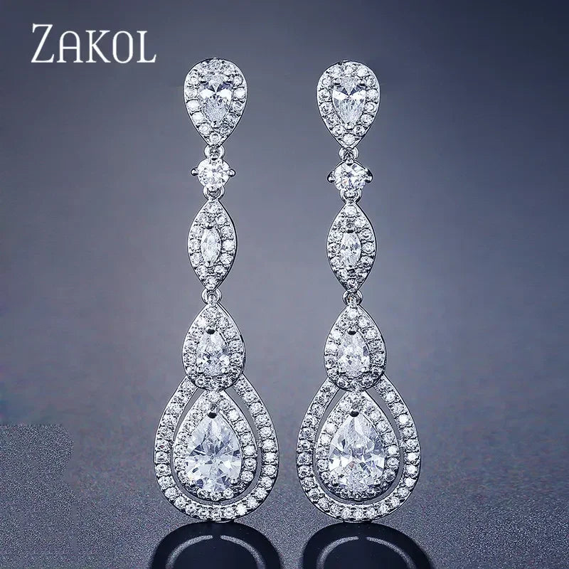 ZAKOL Luxury Water Drop Cubic Zircon Long Dangle Earrings for Women Bridal Wedding Jewelry Dress EP2114