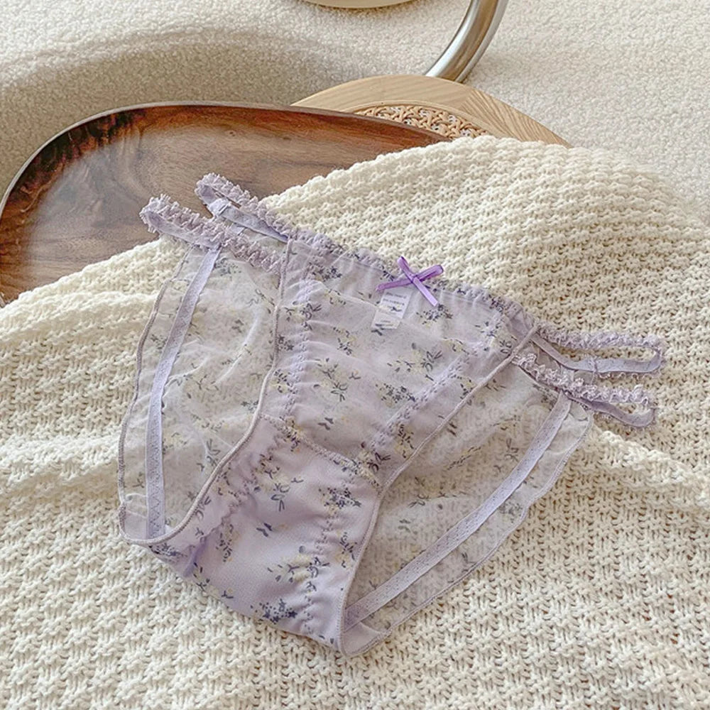 Women's panties  Cross waistband Hipsters Low Rise Lace Strappy Panties Transparent Mesh Floral Pattern Sweet Bowknot sexy femal