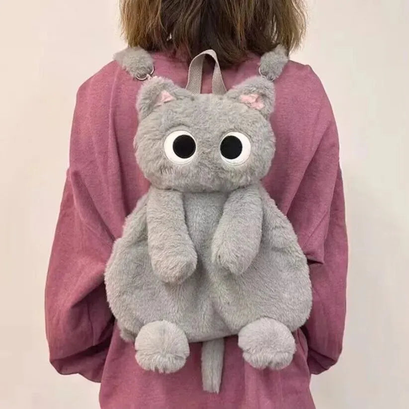 16-Inch Kawaii Big Eyes Cat Plush Backpack – Cute Large Capacity Soft Toy Bag for Boys, Girls, and Women