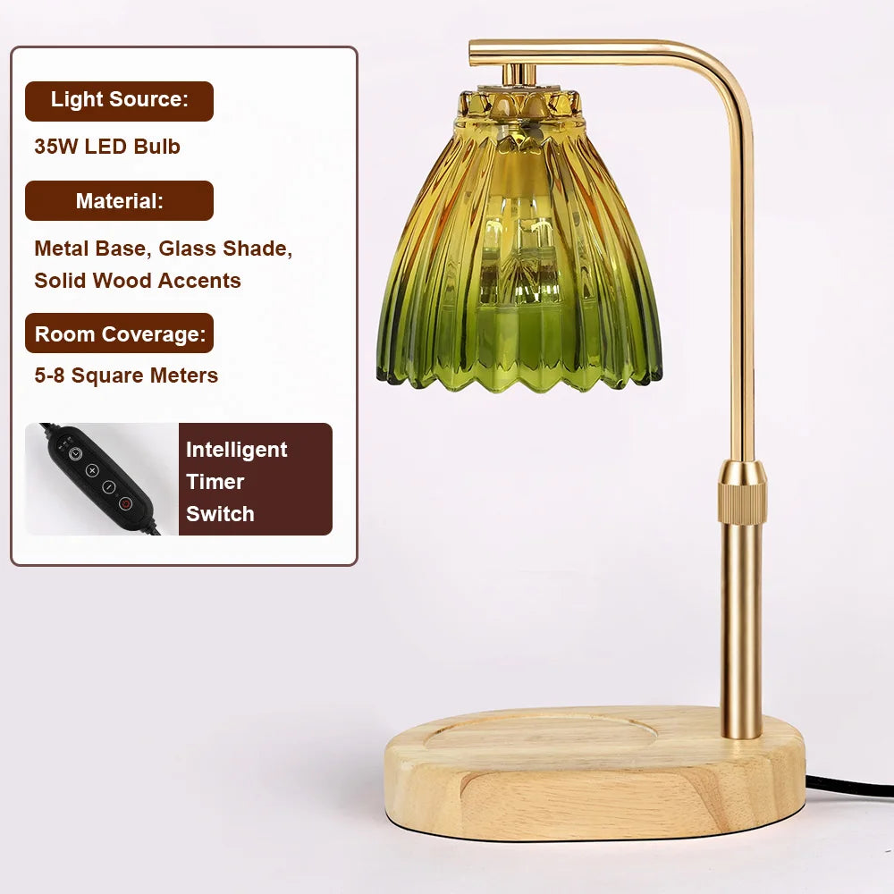 Retro Wooden Base Candle Warmer Lamp with Glass Shade & Timer