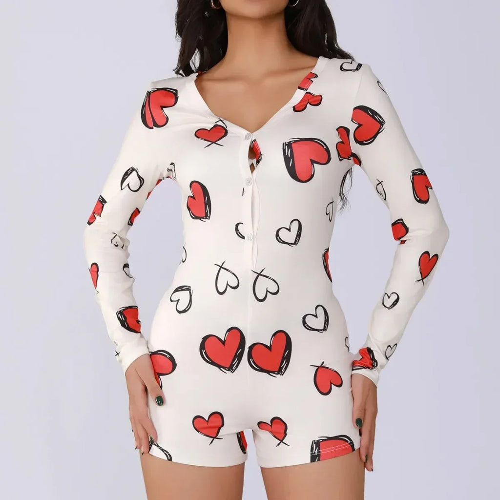 Ladies one-piece bodysuit sexy hot girl pajamas heart digital print short-sleeved set shorts home wear