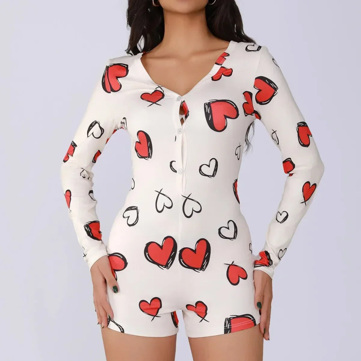 Ladies one-piece bodysuit sexy hot girl pajamas heart digital print short-sleeved set shorts home wear