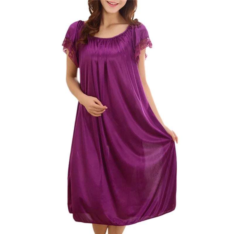 Women Night Gowns Sleepwear Lace Patchwork Nightwear Long Sleeping Dress Casual Ladies Home Dressing