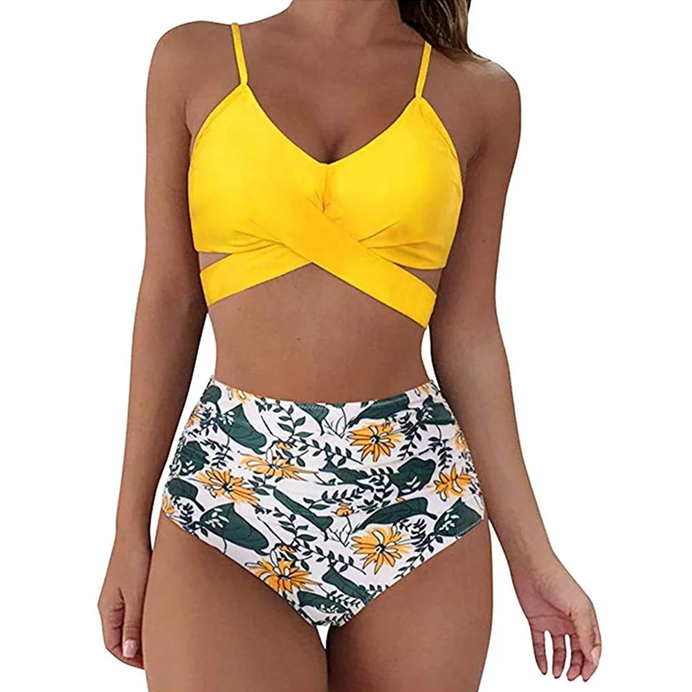 Hot 12 Colors Women Slim Bikini Sets High Waisted Sexy Swimwear 2 Pieces 2025 Solid/Floral Ruched Brazilian Swimsuit Cross Front