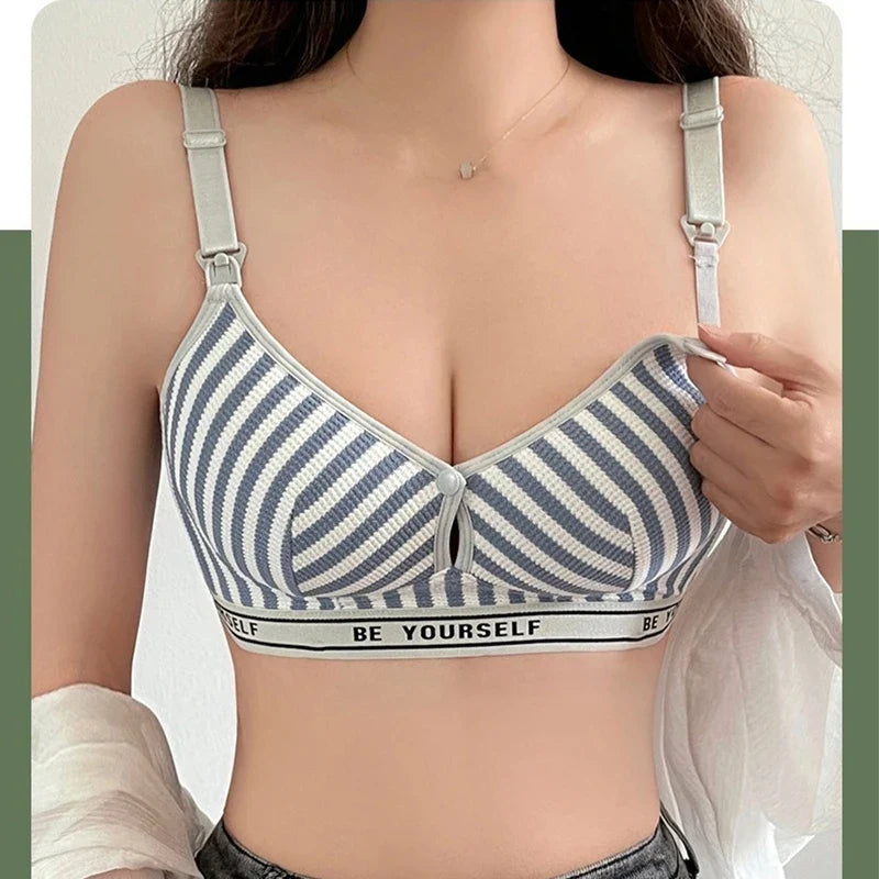 New Lightweight Breathable Maternity Breastfeeding Bra Made of Pure Cotton Gathered Anti Sagging Letter Stripe Women's Underwear