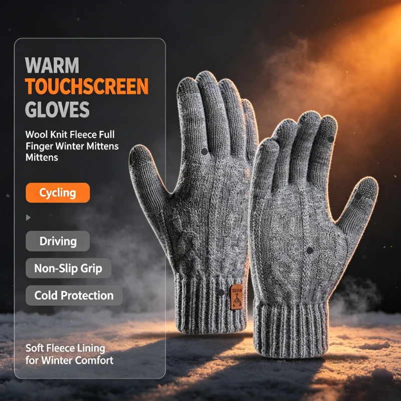 Men's Fleece-Lined Wool Knit Touchscreen Gloves