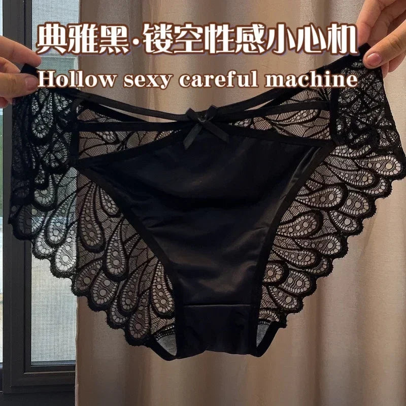 Plus Size Silk Shorts Sexy Lady Lace Hollow Breathable Satin Panties Women