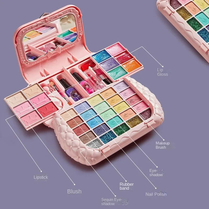 Kids Makeup Kit Pretend Play Cosmetic Set with Cat-Ear Bag Mirror Washable Non-Toxic Toy Birthday Gift for Girls