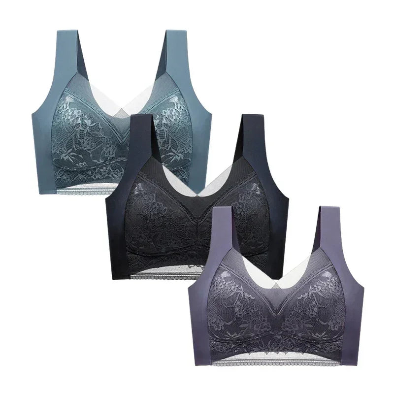 FallSweet 3PCS Lace Push Up Bras for Women Sexy Wireless Bra Ice Silk Deep V Bralette Tops Female Lingerie Mom's Underwear L-5XL