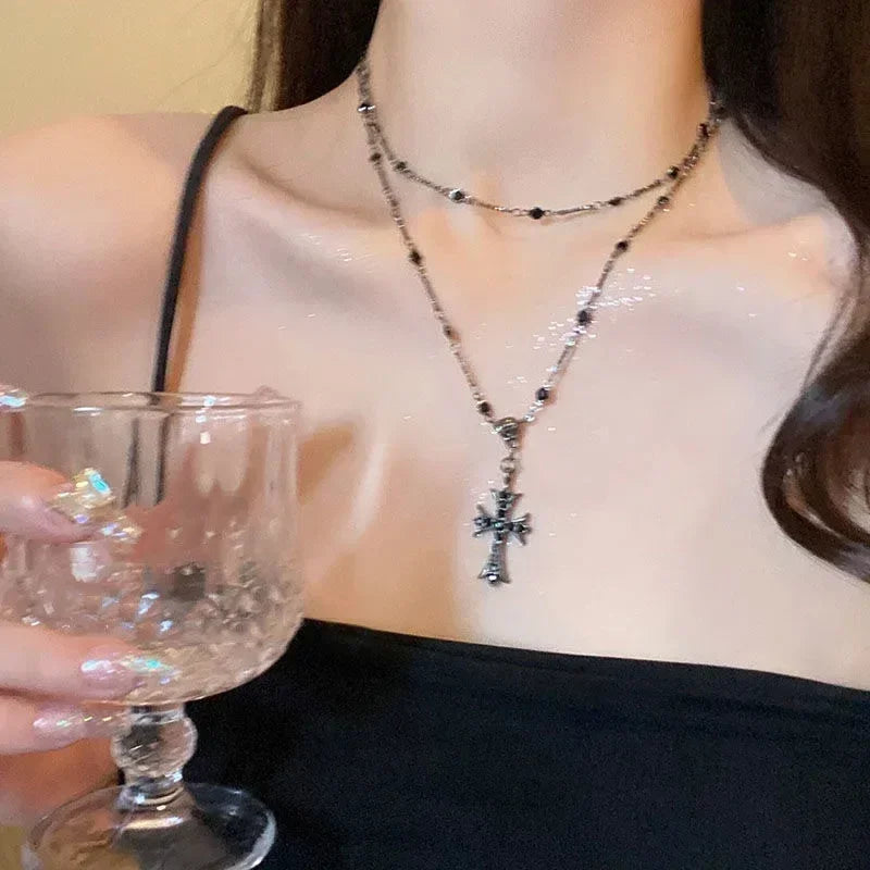Summer Black Rhinestone Cross Jesus Pendant Choker Necklace for Women Punk Vintage Double Layers Chain 2024 Neck Boho Jewelry