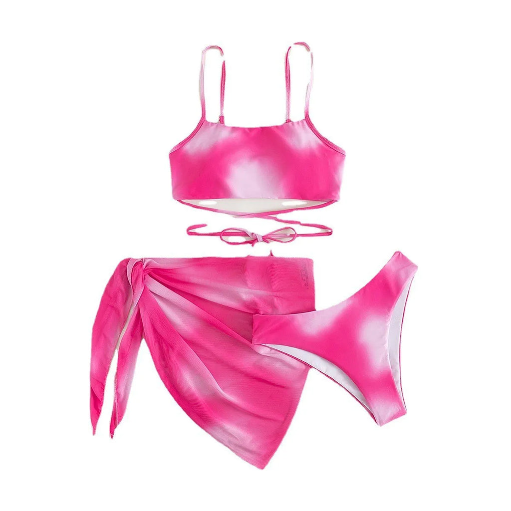 Tie Dye Bikini Swimsuit Women's Three Piece Set Mesh Skirt Split Body Suspender Fashionable Swimsuit Padded Bikini Set Swimwear