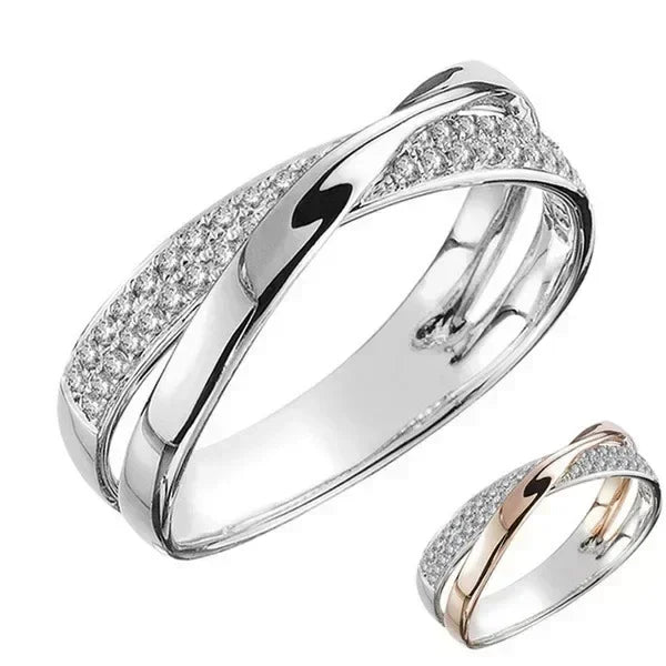 Classic Stainless Steel Two Tone X Shape Cross Ring for Women Wedding Trendy Jewelry Dazzling Zircon Wedding Rings Modern Rings